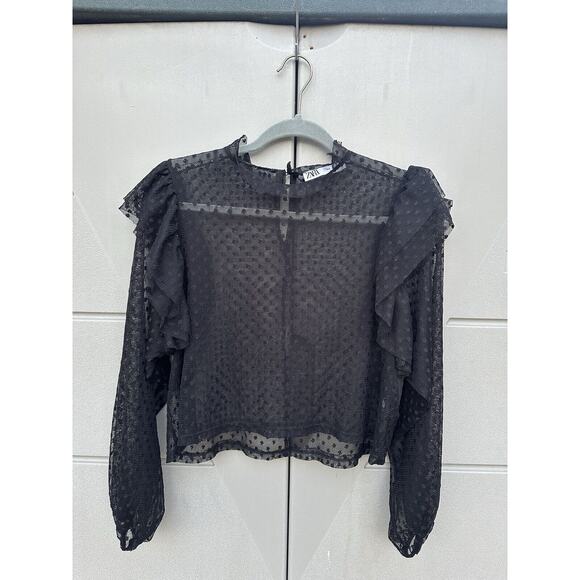 Zara Black Sheer Polka Dot Ruffled Long Sleeve Mock Neck Top Sz S Whimsygoth - Picture 7 of 8